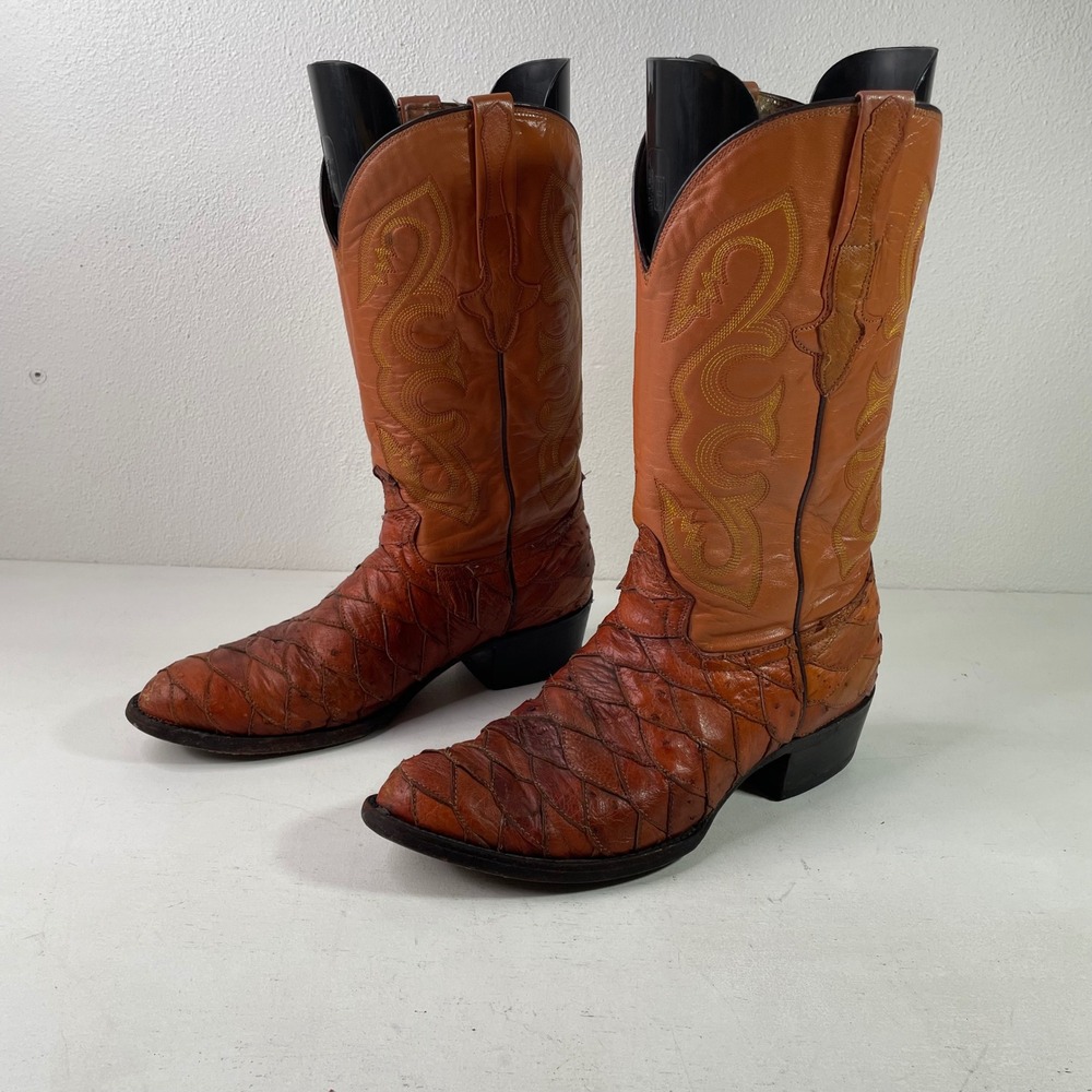 El General Exotic Leather Cowboy Boots Mens 9.5 Almond Toe Western Scaled